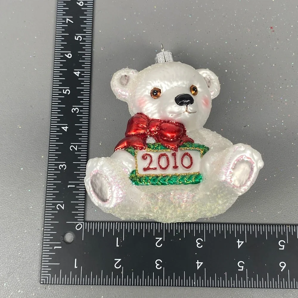 Old World Christmas 2010 Polar Bear Cub Glass Holiday Ornament White Glitter